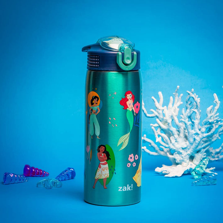 Zak Designs Disney Princess Water Bottle for Travel and At Home, 19 oz Vacuum Insulated Stainless Steel with Locking Spout Cover, Built-In Carrying Loop, Leak-Proof Design (Disney Princess)