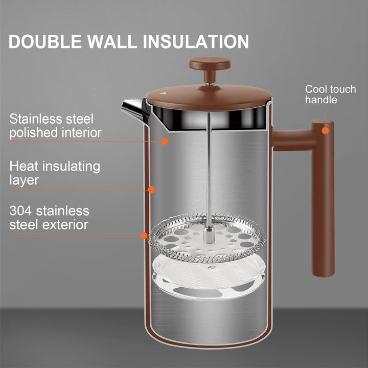 Secura French Press Coffee Maker, 304 Grade Stainless Steel Insulated Coffee Press with 2 Extra Screens, 34oz (1 Litre), Coffee 34 oz