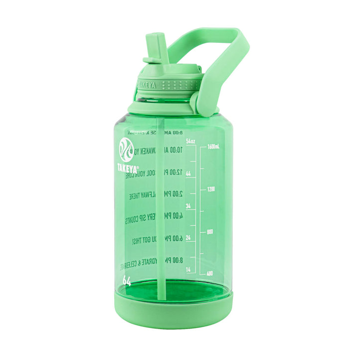 Takeya 64 oz Motivational Water Bottle with Straw Lid with Time Marker, Half Gallon, Premium Quality BPA Free Tritan Plastic, Pistachio Green