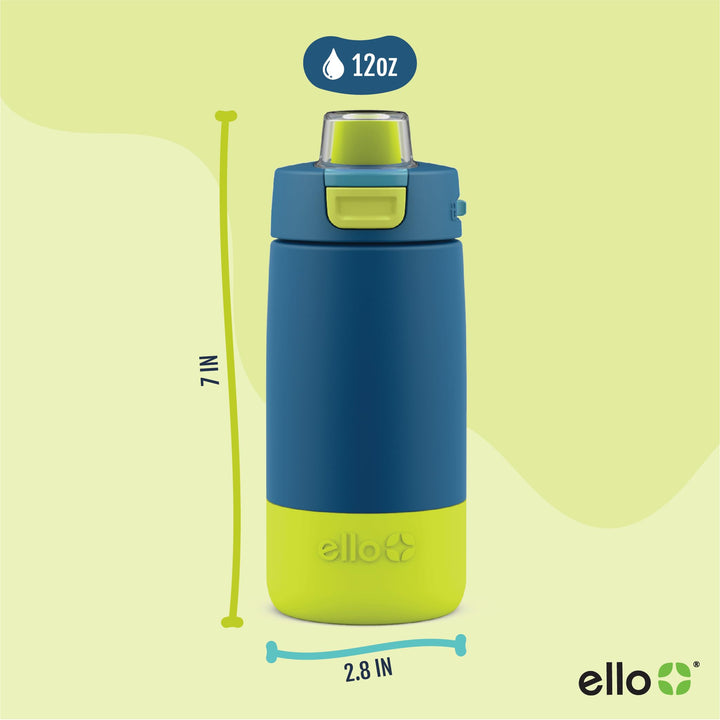 Ello Kids Colby 12oz Stainless Steel Insulated Water Bottle with Straw and Built-In Silicone Coaster Carrying Handle and Leak-Proof Locking Lid for School Backpack, Lunchbox, and Outdoor Sports Teal/Green