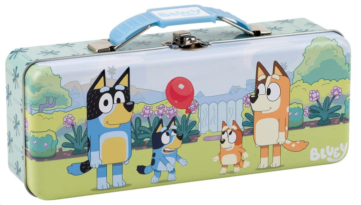 The Tin Box Company Bluey Pencil Box with Handle Clasp & Hinge, Model: 479407-12, Pencil Box with Handle, 8-3/8 x 3-3/8 x 2-1/4"D with hinge and clasp