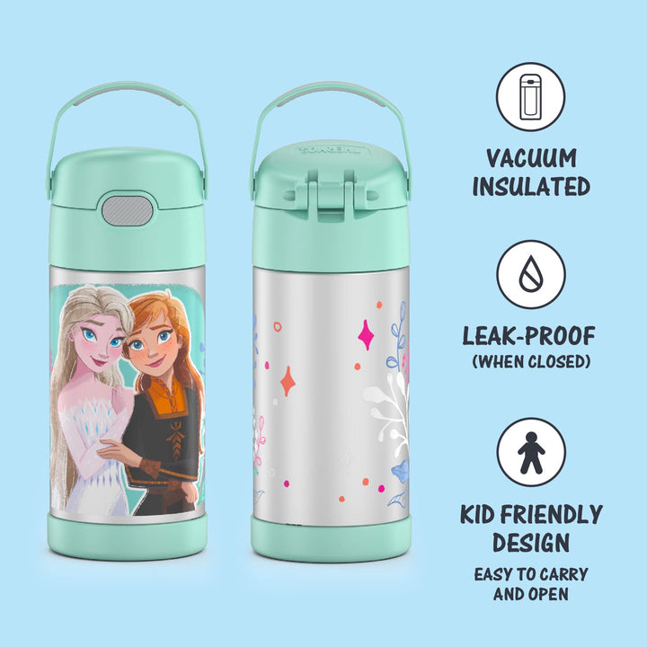 THERMOS FUNTAINER Water Bottle with Straw - 12 Ounce, Frozen 2 - Kids Stainless Steel Vacuum Insulated Water Bottle with Lid Licensed Characters