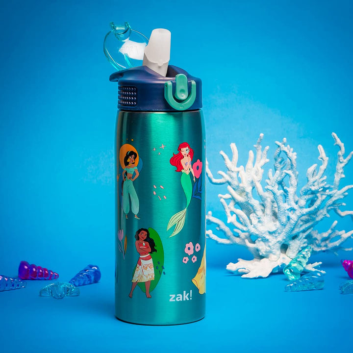 Zak Designs Disney Princess Water Bottle for Travel and At Home, 19 oz Vacuum Insulated Stainless Steel with Locking Spout Cover, Built-In Carrying Loop, Leak-Proof Design (Disney Princess)