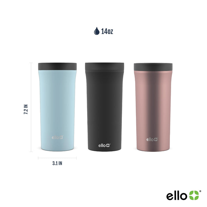 Ello Arabica 14oz Vacuum Insulated Stainless Steel Powder Coat Travel Mug with Leak-Proof Slider Lid, Keeps Hot for 5 Hours, Perfect for Coffee or Tea, BPA-Free Tumbler, Black