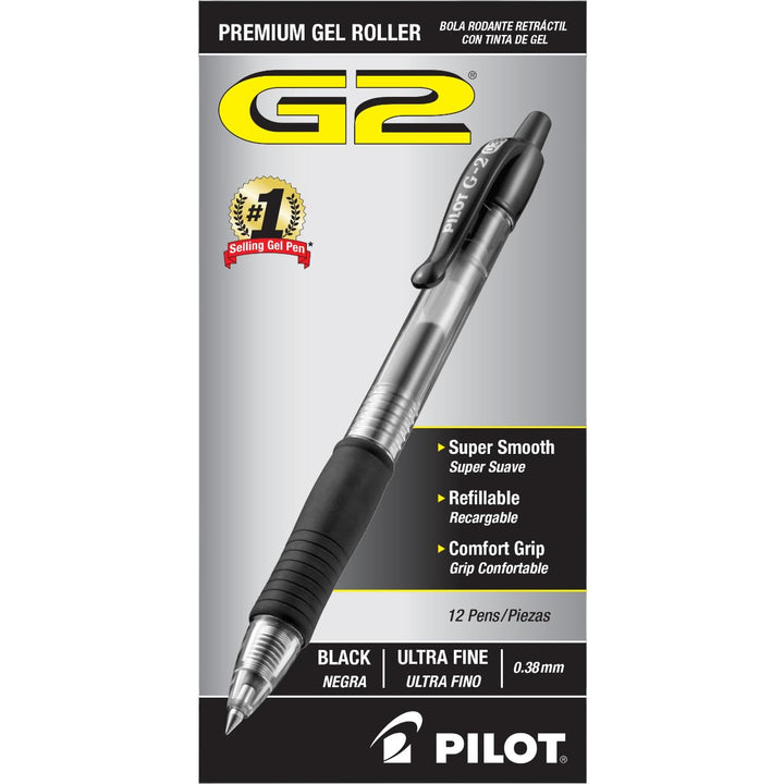 Pilot, G2 Premium Gel Roller Pens, Ultra Fine Point 0.38 MM, Pack of 12, Black Black Ink