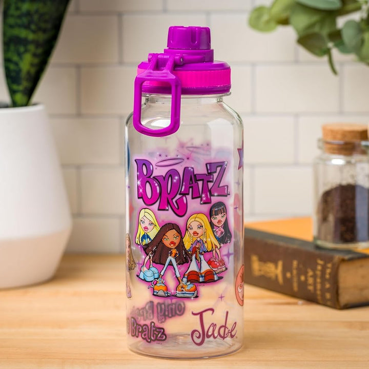 Silver Buffalo Bratz Airbrush Featuring Yasmin, Sasha, Jade, and Cloe Twist Spout Plastic Water Bottle with Stickers You Stick Yourself, 32 Ounces Bratz Airbrush Group Twist