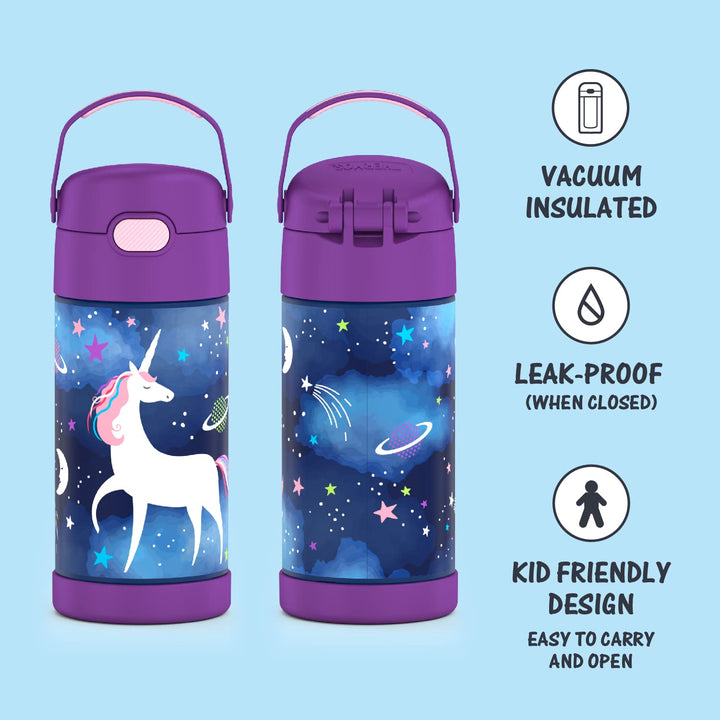 THERMOS FUNTAINER Water Bottle with Straw - 12 Ounce, Space Unicorn - Kids Stainless Steel Vacuum Insulated Water Bottle with Lid FUNTAINER 12 Ounce Bottle