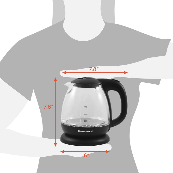 Elite Gourmet EKT1001 Electric 1.0L BPA-Free 1100W Glass Kettle Cordless 360° Base, Stylish Blue LED Interior, Handy Auto Shut-Off Function – Quickly Boil Water For Tea & More, Black 1.1 Quarts