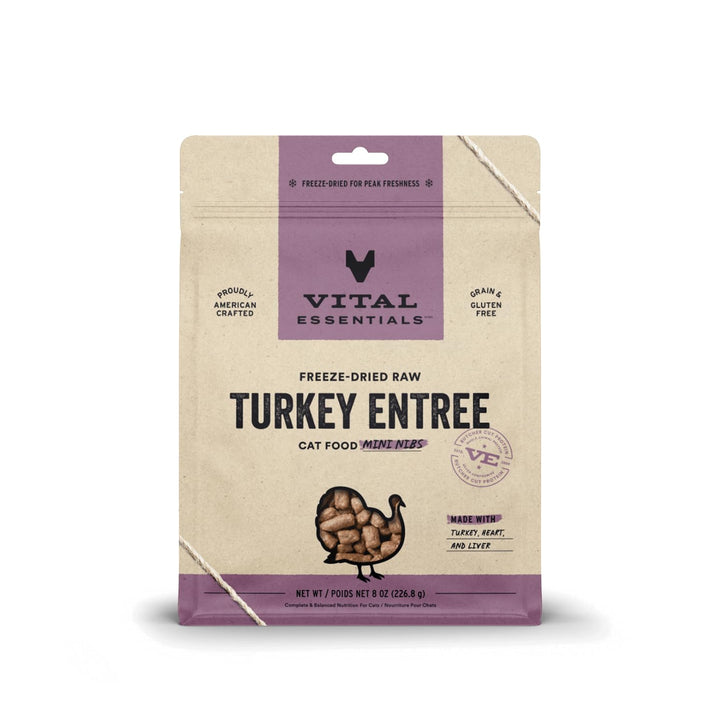 Vital Essentials Freeze Dried Raw Cat Food, Turkey Mini Nibs Entree, 8 oz