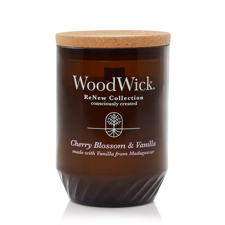 WoodWick® Renew Large Candle, Cherry Blossom & Vanilla Scented Candles, 13oz, Plant Based Soy Wax Blend, Made with Upcycled Materials and Essential Oils, Up to 75 Hours of Burn Time