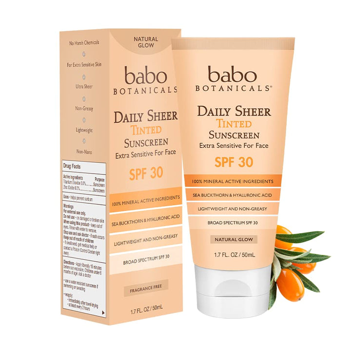 Babo Botanicals Daily Sheer Mineral Tinted Sunscreen SPF30 - Natural Zinc Oxide & Titanium Dioxide - Tinted - Healthy Glow - Fragrance-Free -Rosehip Oil & Hyaluronic Acid - For Face - For all ages