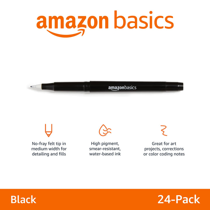 Basics Felt Tip Marker Pens - Medium Point, Black, 24-Pack 24 Count (Pack of 1)