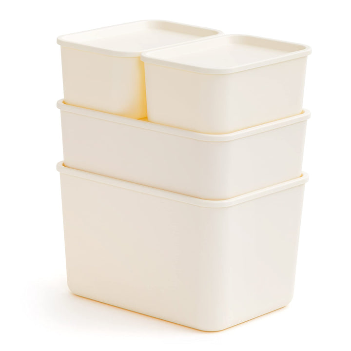 IRIS USA Plastic Modular Basket Bin & Lid, Combo (S/M/L), Stackable Lidded Storage Organizer Bins for-Kitchen-Bathroom and Bedroom, Off White Snap-on Lid