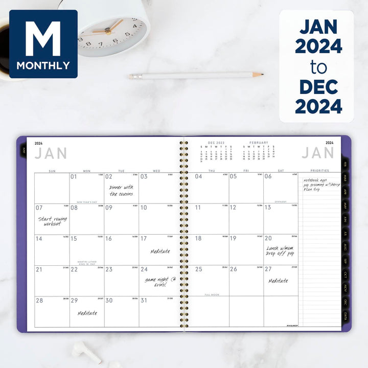 AT-A-GLANCE 2024 Monthly Planner, 9 x 11, Large, Monthly Tabs, Pocket, Faux Leather, Contemporary, Purple (70250X1424)