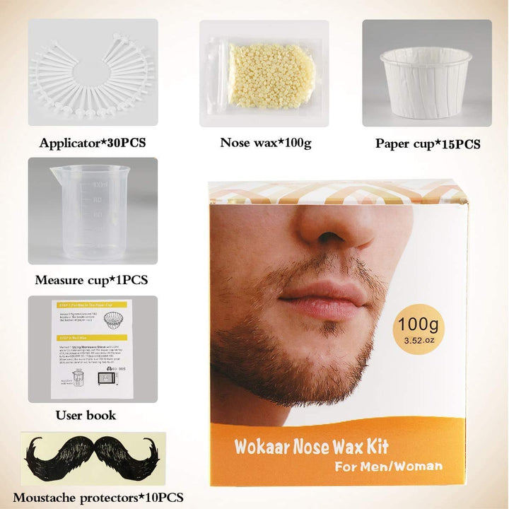 Wokaar Nose Wax Kit - 100 g Wax, 30 Applicators, 15-20 Uses. Nose & Ear Hair Removal for Men and Women - Safe, Easy, Quick & Painless Hair Remover