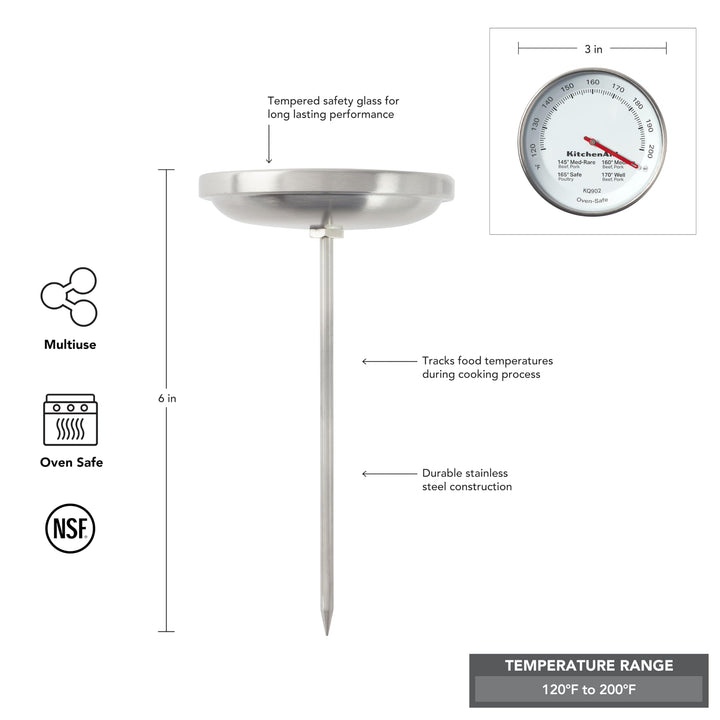 KitchenAid KQ902 Leave-in, Oven/Grill safe Meat Thermometer, TEMPERATURE RANGE: 120F to 200F, Stainless Steel, Analog