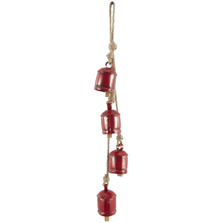 Deco 79 Gold Metal Tibetan Inspired String Hanging Decorative Bells with Jute Hanging Rope 4" x 8" x 52" - Cone 52" x 4" x 8"