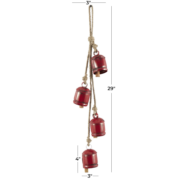 Deco 79 Gold Metal Tibetan Inspired String Hanging Decorative Bells with Jute Hanging Rope 4" x 8" x 52" - Cone 52" x 4" x 8"