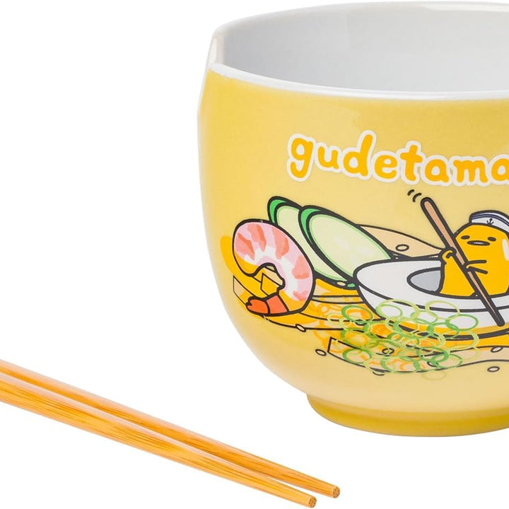 Silver Buffalo Sanrio Gudetama Lazy Egg Sailing In Ramen Ceramic Ramen Noodle Rice Bowl with Chopsticks, Microwave Safe, 20 Ounces Gudetama Swimming Cartoon