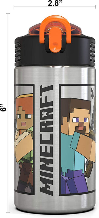 Zak Designs Minecraft - Stainless Steel Water Bottle with One Hand Operation Action Lid and Built-in Carrying Loop, with Straw Spout is Perfect for Kids (15.5 oz, 18/8, BPA-Free)