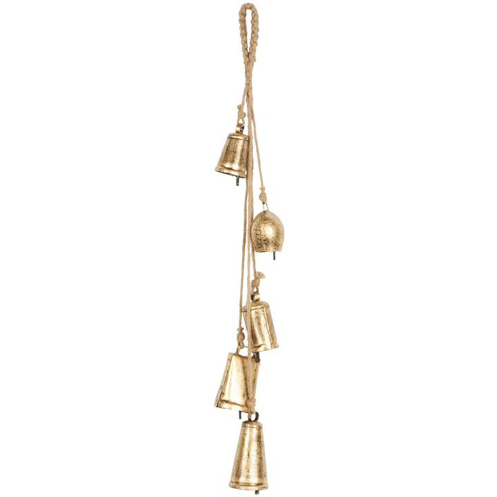 Deco 79 Gold Metal Tibetan Inspired String Hanging Decorative Bells with Jute Hanging Rope 4" x 8" x 52" - Cone 52" x 4" x 8"