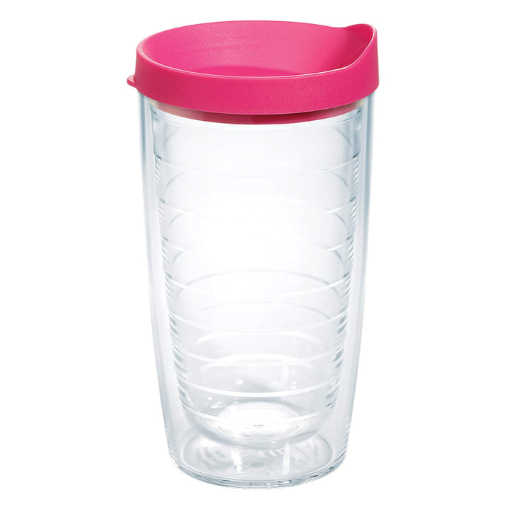 Tervis Clear & Colorful Lidded Made in USA Double Walled Insulated Tumbler Travel Cup Keeps Drinks Cold & Hot, 16oz, Fuchsia Lid