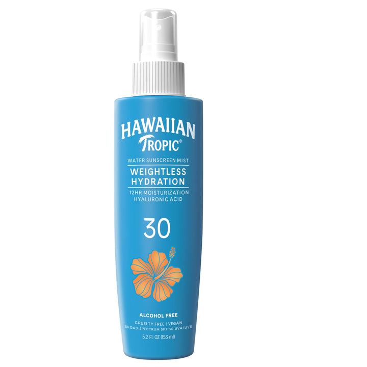 Hawaiian Tropic Weightless Hydration Water Mist for Body SPF 30, 5.2 oz. | Hawaiian Tropic Body Spray Sunscreen Mist, SPF Spray, Non-Aerosol Sunscreen Spray, Water Based Sunscreen, 5.2 oz