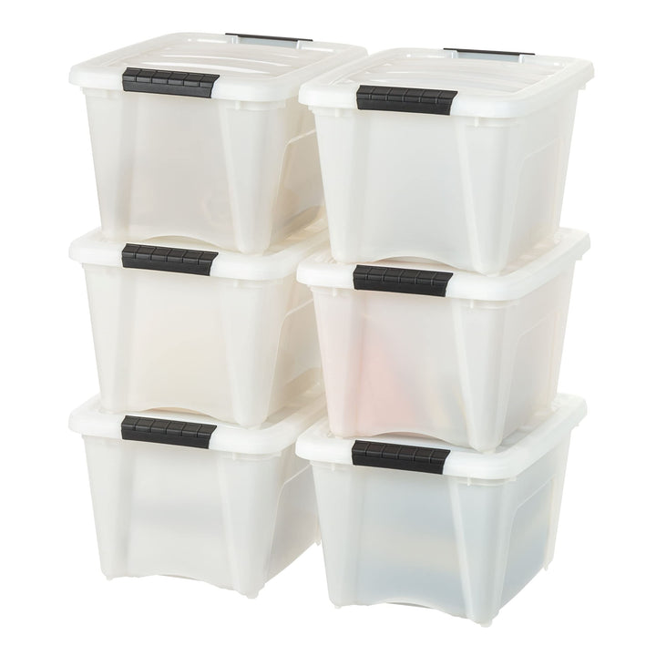 IRIS USA 54 Quart Stackable Plastic Storage Bins with Lids and Latching Buckles, 6 Pack - Pearl, Containers with Lids and Latches, Durable Nestable Closet, Garage, Totes, Tubs Boxes Organizing Latching Lid 54 Qt. - 6 Pack