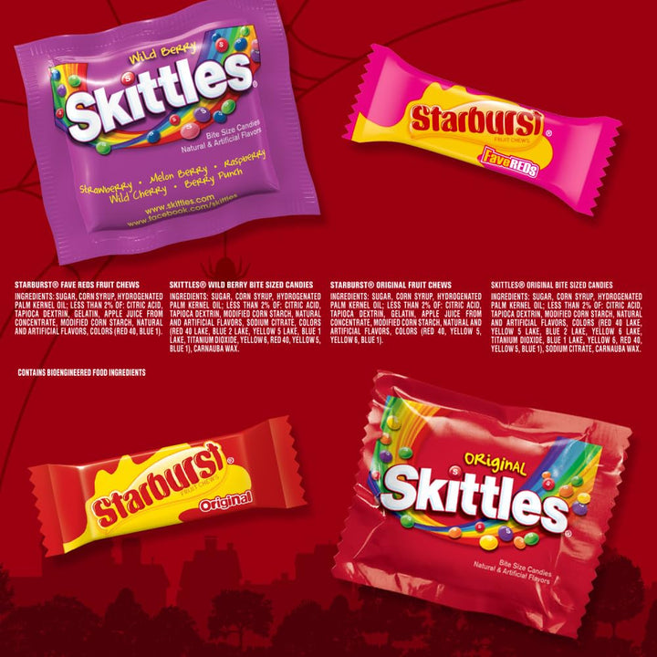 SKITTLES Original, SKITTLES Wild Berry & STARBURST Original and STARBURST FaveReds Nut Free Halloween Fun Size Chewy Candy Individually Wrapped Trick or Treat Variety Bag, 32.28 Oz Jumbo Pack