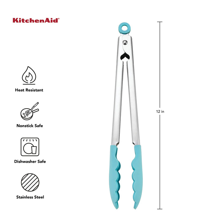 KitchenAid Silicone Tipped Stainless Steel Tongs, 12 Inch, Aqua Sky