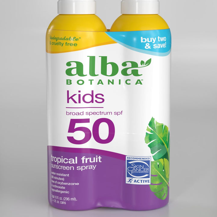 Alba Botanica Kids Sunscreen Spray for Face and Body, Tropical Fruit, Broad Spectrum SPF 50, Water Resistant, 5 fl. oz. Bottle (Pack of 2) 5 Ounce (Pack of 2)