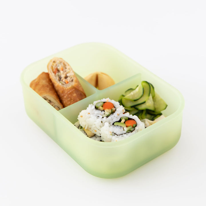 Bumkins Snack/Lunch Bento Box for Kids and Adults, 3 Compartment Container, Leak Proof Lid, for Portioning, Large Section Can Hold Sandwich, Food-Safe LFGB Platinum Silicone, Microwave-Safe, Green Green Jelly