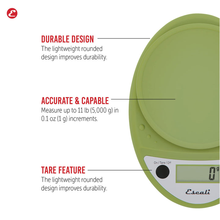 Escali Primo Digital Food Scale Multi-Functional Kitchen Scale and Baking Scale for Precise Weight Measuring and Portion Control, 8.5 x 6 x 1.5 inches, Tarragon Green