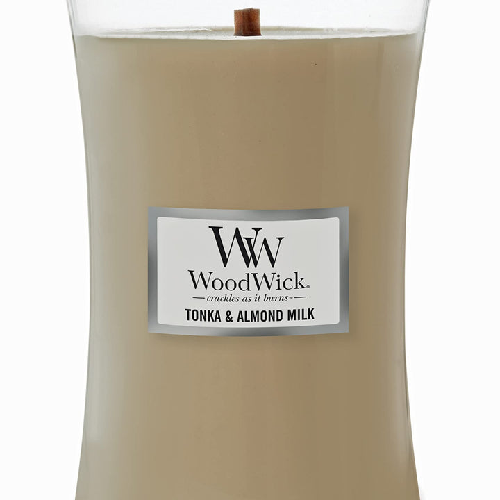 WoodWick Large Hourglass Candle, Tonka/Almond Milk - Premium Soy Blend Wax, Pluswick Innovation Wood Wick, Made in USA