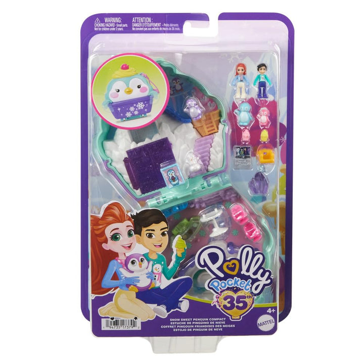 Polly Pocket Dolls & Playset, Snow Sweet Penguin Compact with 13 Accessories, Travel Toy with Fidget Exterior