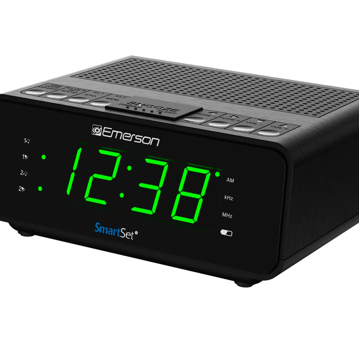 Emerson Smartset Wireless Charging Alarm Clock Radio Featuring a Large 1.4" Red LED Display and Temperature Sensor, FM Radio, Black CKSW0555