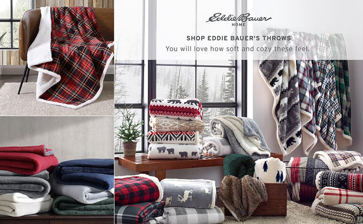 Eddie Bauer - Throw Blanket, Super Soft Reversible Cotton Flannel Sherpa Bedding, Ideal Christmas & White Elephant Gifts, Cozy Plaid Throw Blankets for Couch (Winslow Charcoal, Throw) Winslow Charcoal/Red