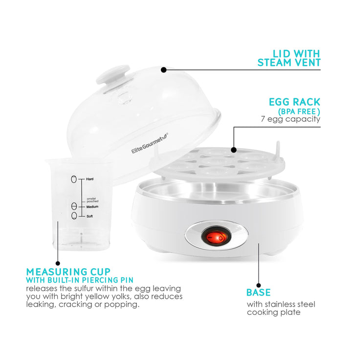 Elite Gourmet EGC322CW Easy Egg Cooker Electric 7-Egg Capacity, Soft, Medium, Hard-Boiled Egg Cooker with Auto Shut-Off, Measuring Cup Included, BPA Free, Classic White