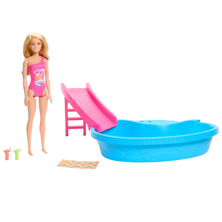 Barbie Doll & Pool Playset, Blonde in Tropical Pink One-Piece Swimsuit with Pool, Slide, Towel & Drink Accessories