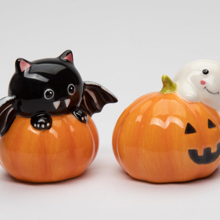 21058 Fine Ceramic Halloween Casper & Bat Dracula on Pumpkin Salt & Pepper Shakers Set, 3-1/8" L