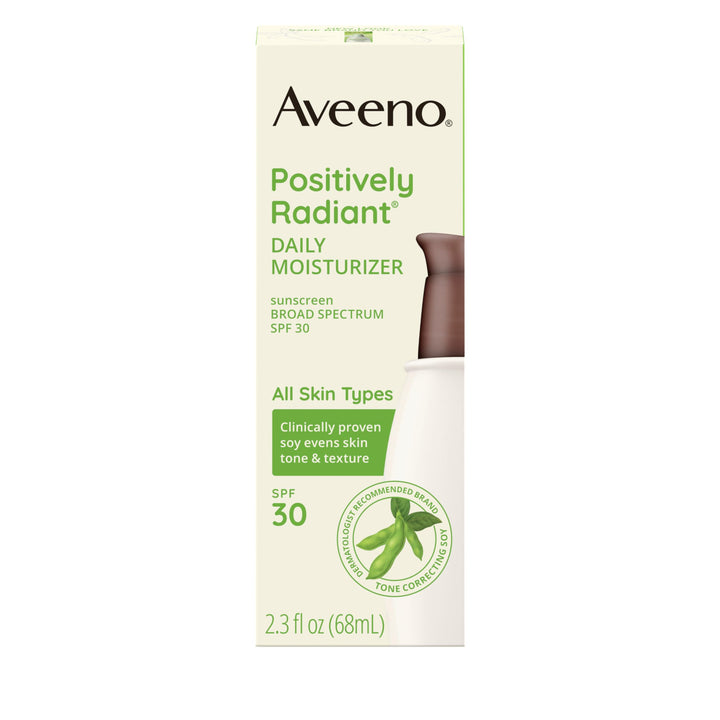 Aveeno Positively Radiant Face Moisturizer with SPF 30 Sunscreen, Hydrating Facial Moisturizer with Soy Extract to Visibly Improve Skin Tone and Texture, Hypoallergenic Formula, Oil-Free, 2.3 FL OZ