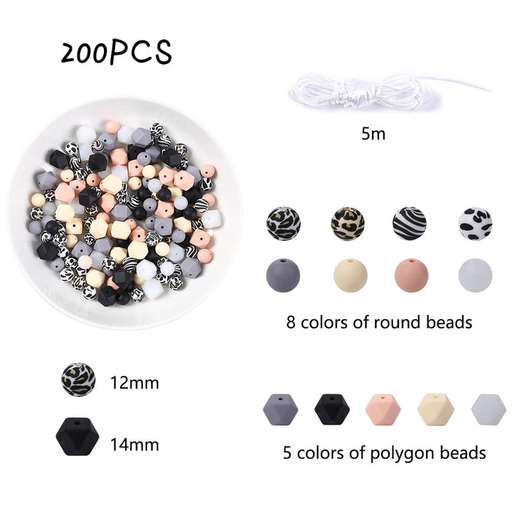 200pcs Silicone Beads Bulk DIY Necklace Bracelet Beads with 5M Rope 100 Pieces 12 mm Round and 100 Pieces Polygonal and Leopard Silicone Beads for Handmade Crafts Jewelry Accessories Keychain Making