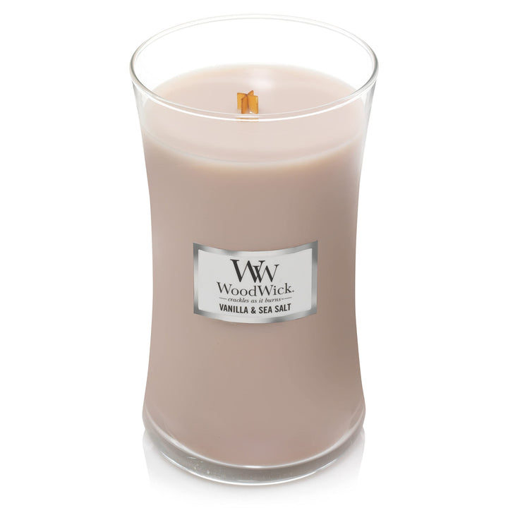 WoodWick Large Hourglass Candle, Vanilla Sea Salt - Premium Soy Blend Wax, Pluswick Innovation Wood Wick, Made in USA Vanilla & Sea Salt