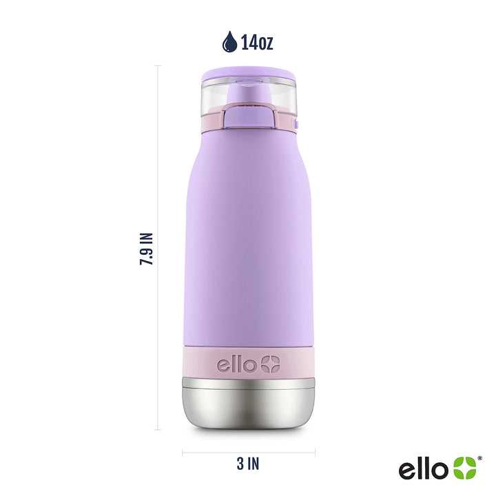 Ello Emma 14oz Vacuum Insulated Stainless Steel Kids Water Bottle with Straw and Built-in Carrying Handle and Leak-Proof Locking Lid for School Backpack, Lunchbox and Outdoor Sports, Lilac