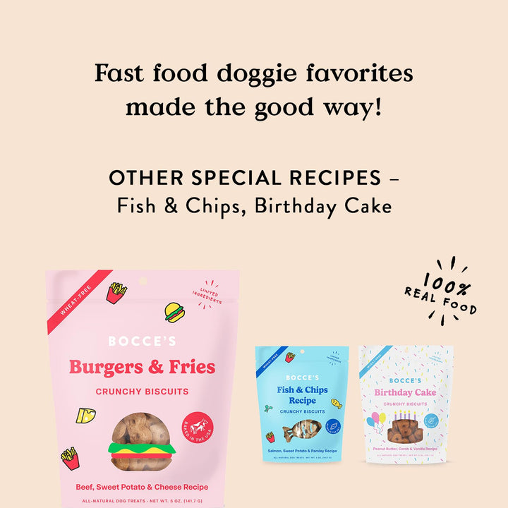 Bocce's Bakery - Limited Edition Wheat-Free Dog Treats, Burgers & Fries Biscuits, 5 oz Burgers and Fries 5 Ounce (Pack of 1)