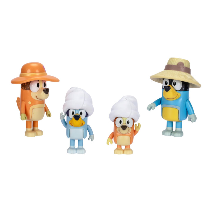 Bluey Figure 4-Packs, Family Trip, 2.5 Inch Poseable Figures of Bluey, Bingo, Bandit and Chilli, with Accessories, Kids Can Recreate Their Favorite Moments from The Bluey TV Show