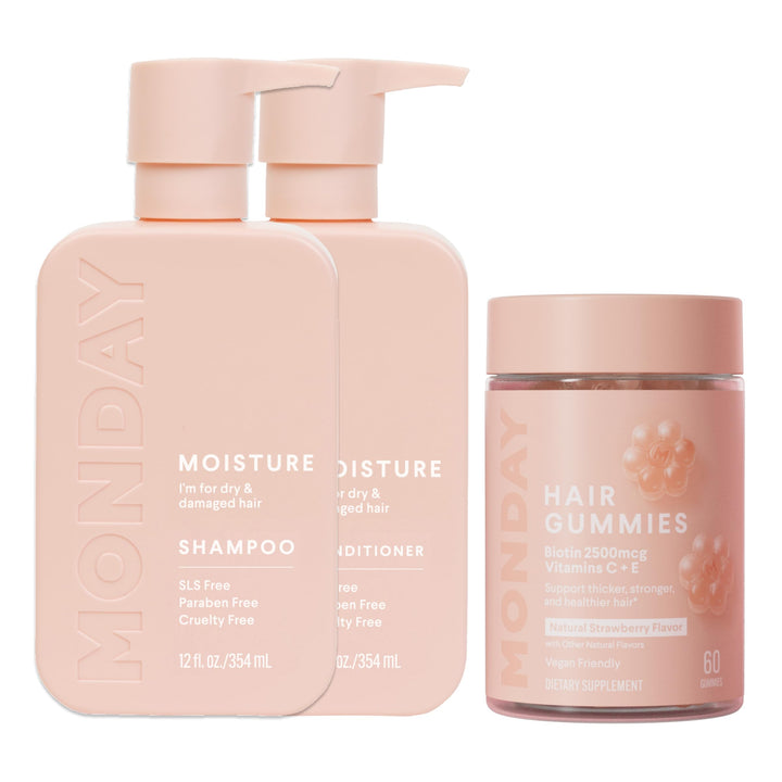 MONDAY HAIRCARE Moisture Shampoo and Conditioner Set 12oz for Dry, Curly Hair + Hair Gummies for Thicker and Stronger Hair (60 count) Strawberry Flavored