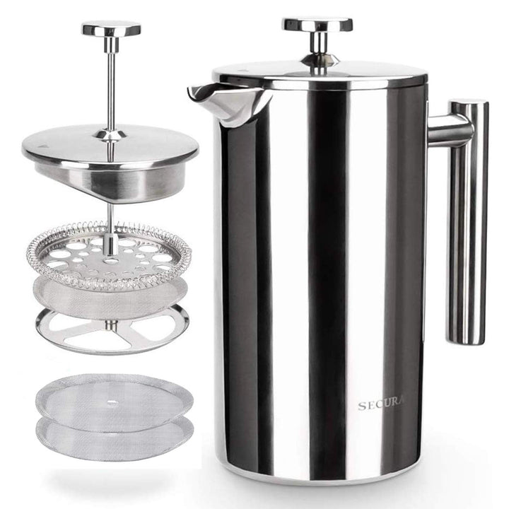 Secura French Press Coffee Maker, 304 Grade Stainless Steel Insulated Coffee Press with 2 Extra Screens, 34oz (1 Litre), Coffee 34 oz