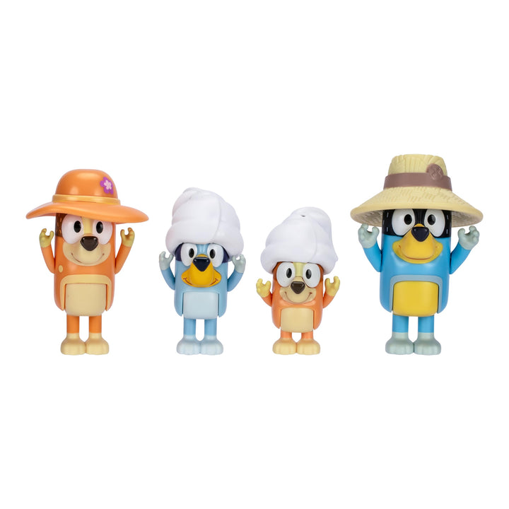 Bluey Figure 4-Packs, Family Trip, 2.5 Inch Poseable Figures of Bluey, Bingo, Bandit and Chilli, with Accessories, Kids Can Recreate Their Favorite Moments from The Bluey TV Show