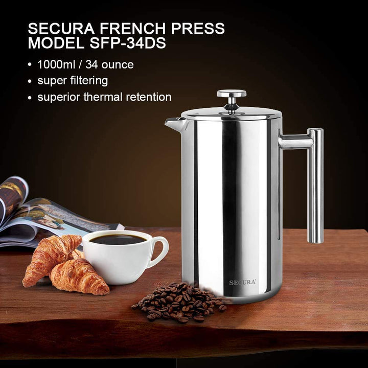 Secura French Press Coffee Maker, 304 Grade Stainless Steel Insulated Coffee Press with 2 Extra Screens, 34oz (1 Litre), Coffee 34 oz